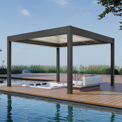 Pergola P8-4A – 4×4 m, Schwarz-Weiß, Elektrisch