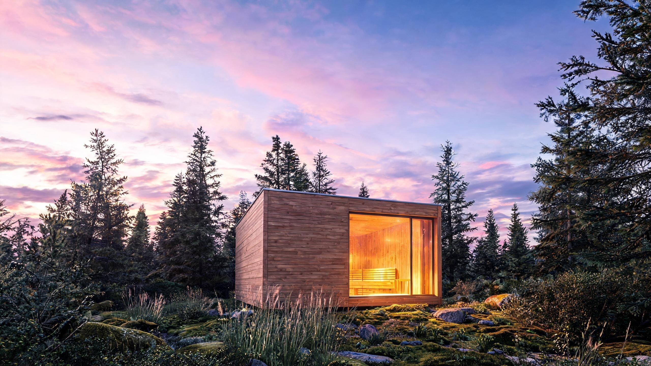 Moderne Sauna-Kabine im Wald bei Sonnenuntergang